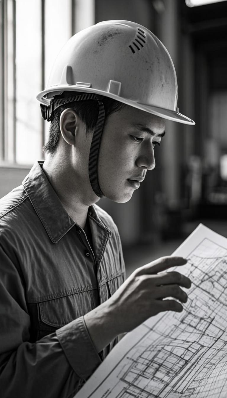 Site engineer reviewing blueprints